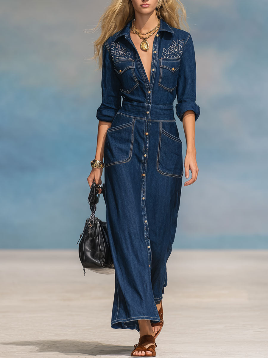 Fashionable Casual Blue Washed Denim Embroidered Long-Sleeved Maxi Dress