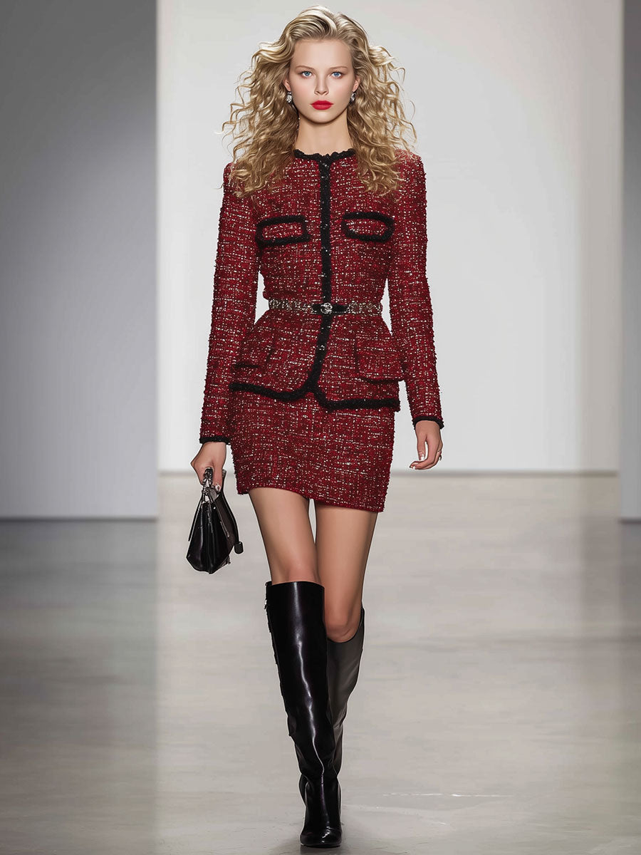 Fashion Retro Black Trim Burgundy Tweed Jacket And Skirt Suit