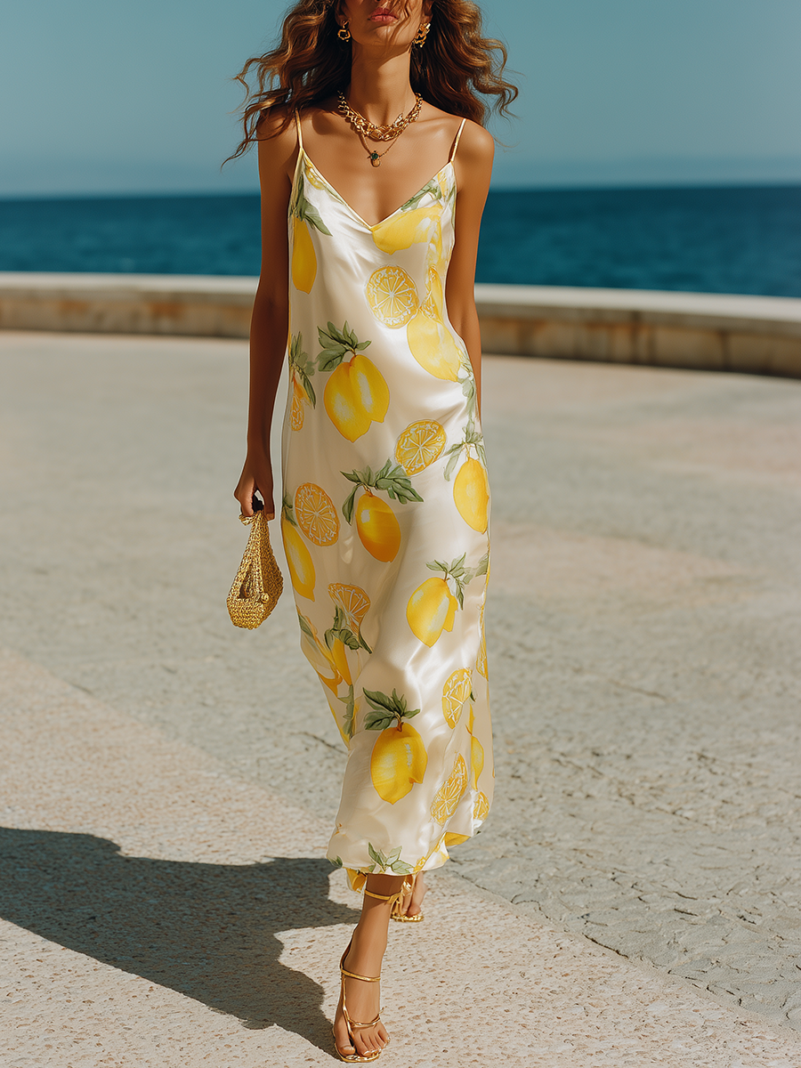 Vacation-style Strappy Printed Satin Maxi Dress