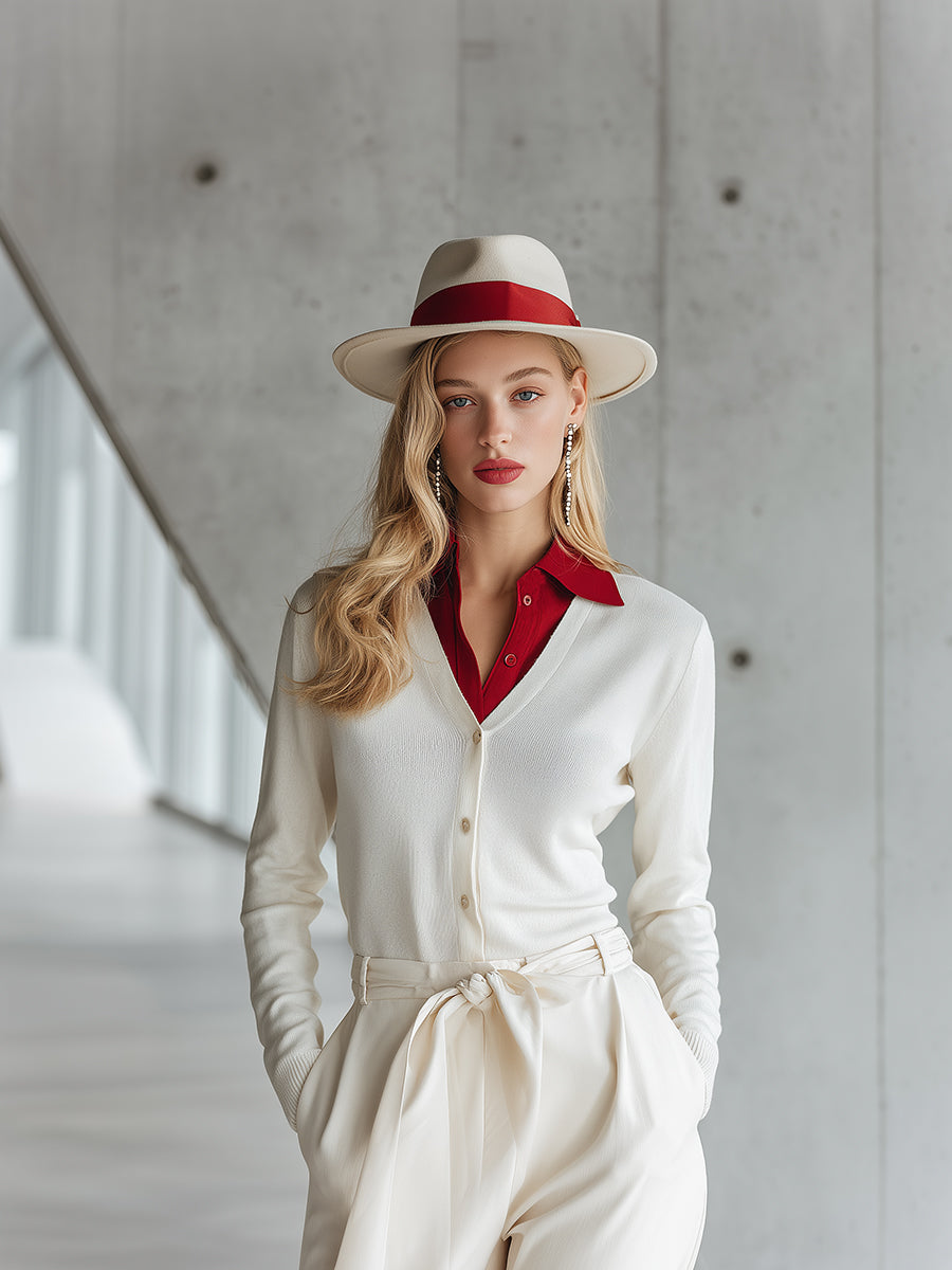 High-end Fashionable Fake Two-piece Contrast Collar White Knitted Sweater