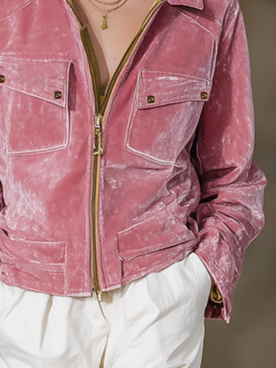 Casual Fashion Pink Velvet Zipper Jacket
