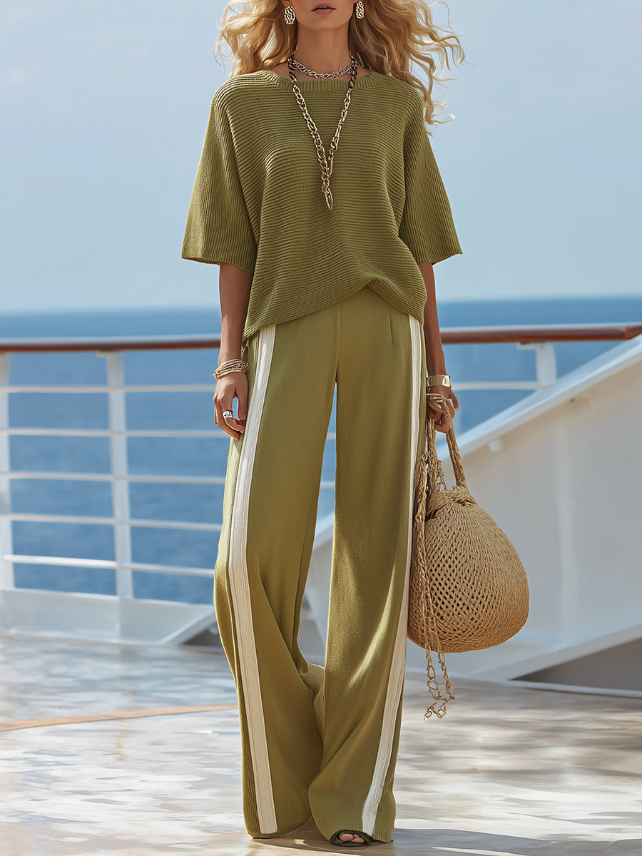 Seaside Vacation Olive Green Knit Short-sleeved Top And Wide-leg Pants Set