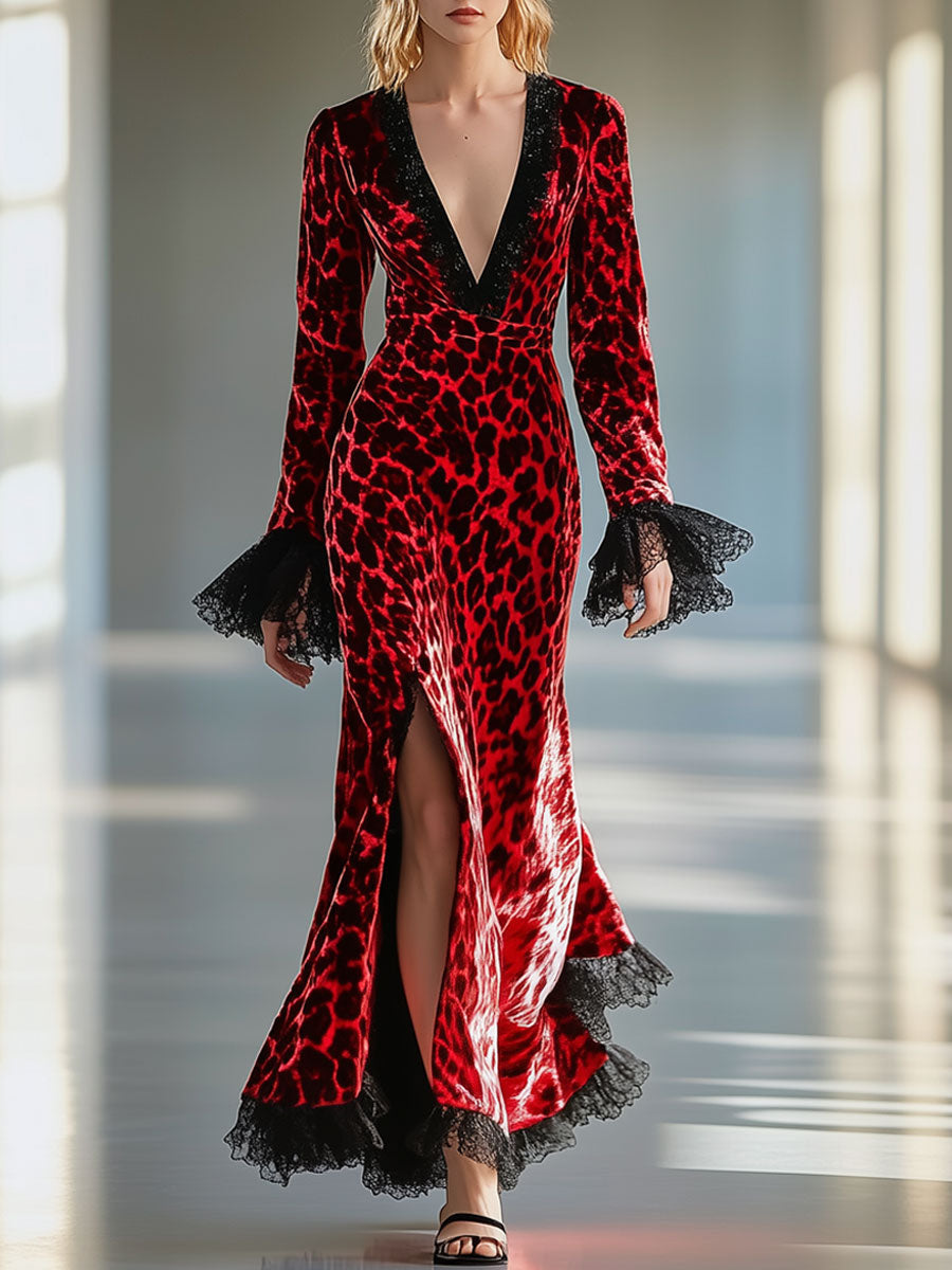 Vintage Velvet Red Leopard Print V-Neck Lace Slit Long Sleeve Maxi Dress