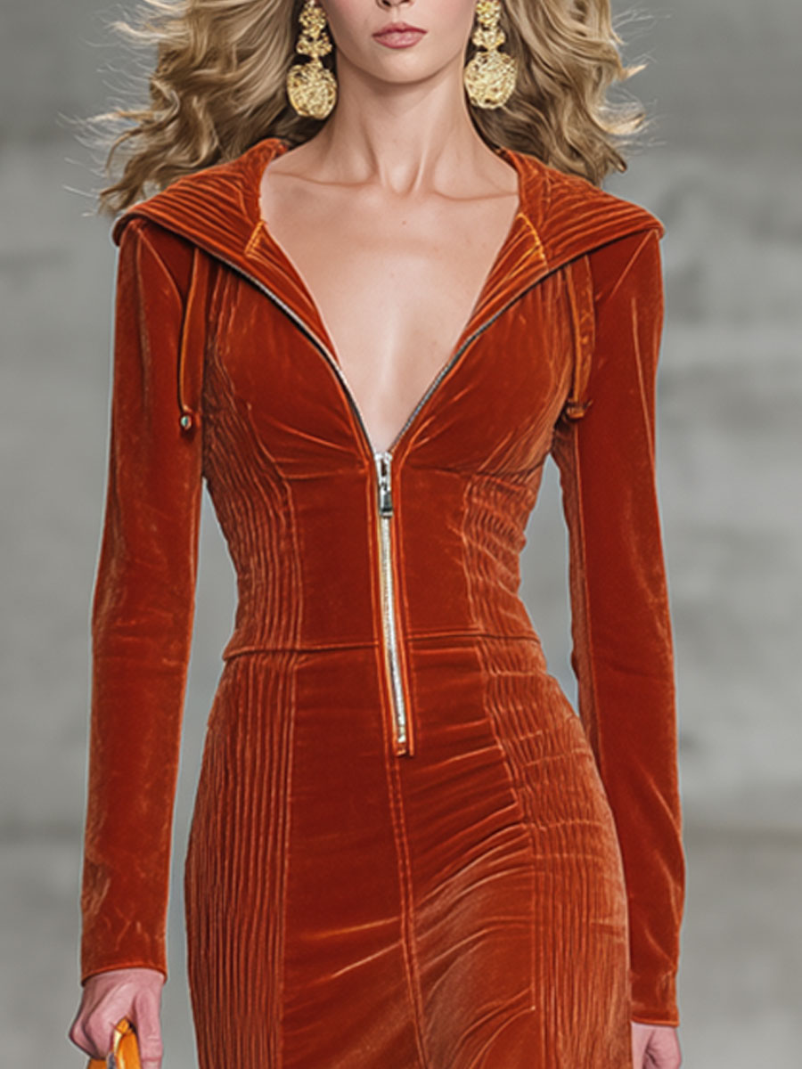 Fashionable And Casual Reddish Brown Velvet Long-Sleeved Hooded Open-Waisted Midi Dress