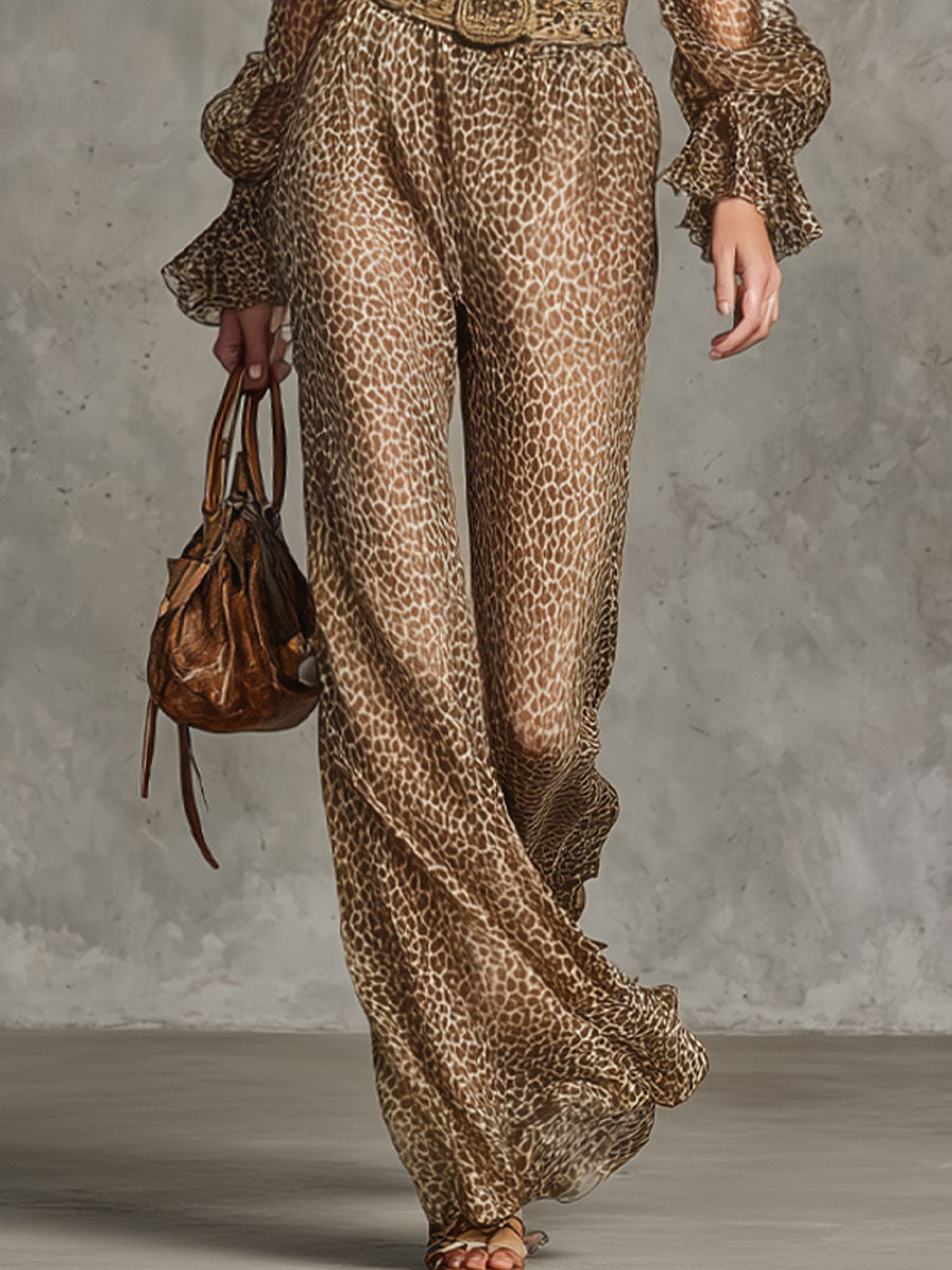Retro Fashion Light Brown Leopard Print Chiffon Lapel Waist Long Sleeve Jumpsuit