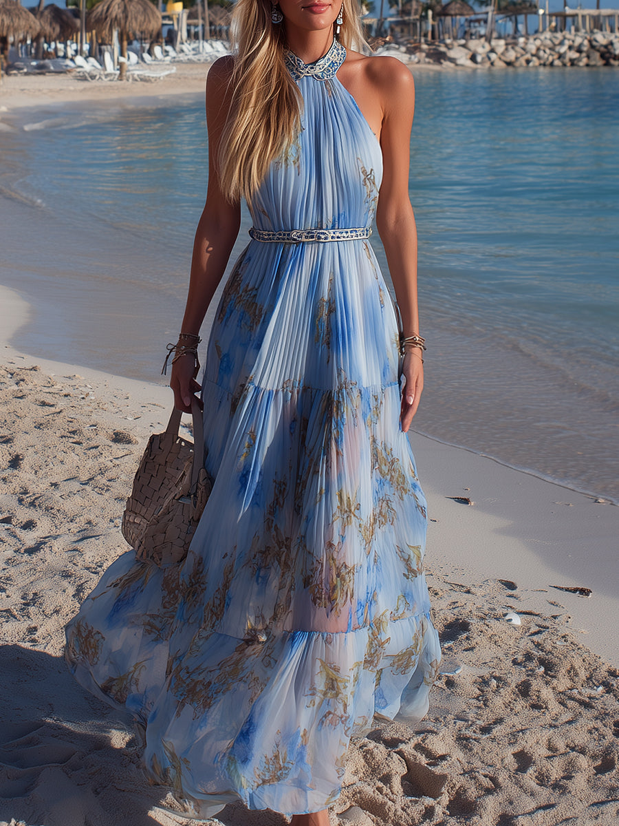 Bohemian Resort Chiffon Print Halter Neck Pleated Maxi Dress