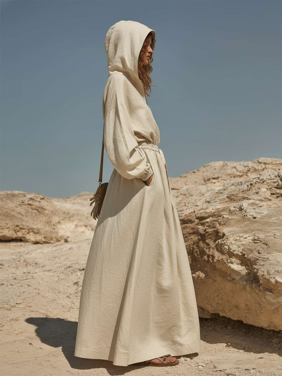 Vacation-style Cotton And Linen Hooded Long-sleeved Maxi Dress