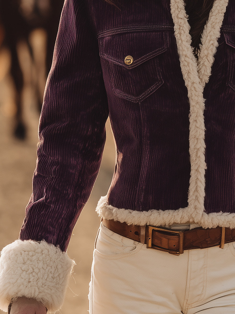 Western Purple Corduroy With Sherpa Lining Jacket