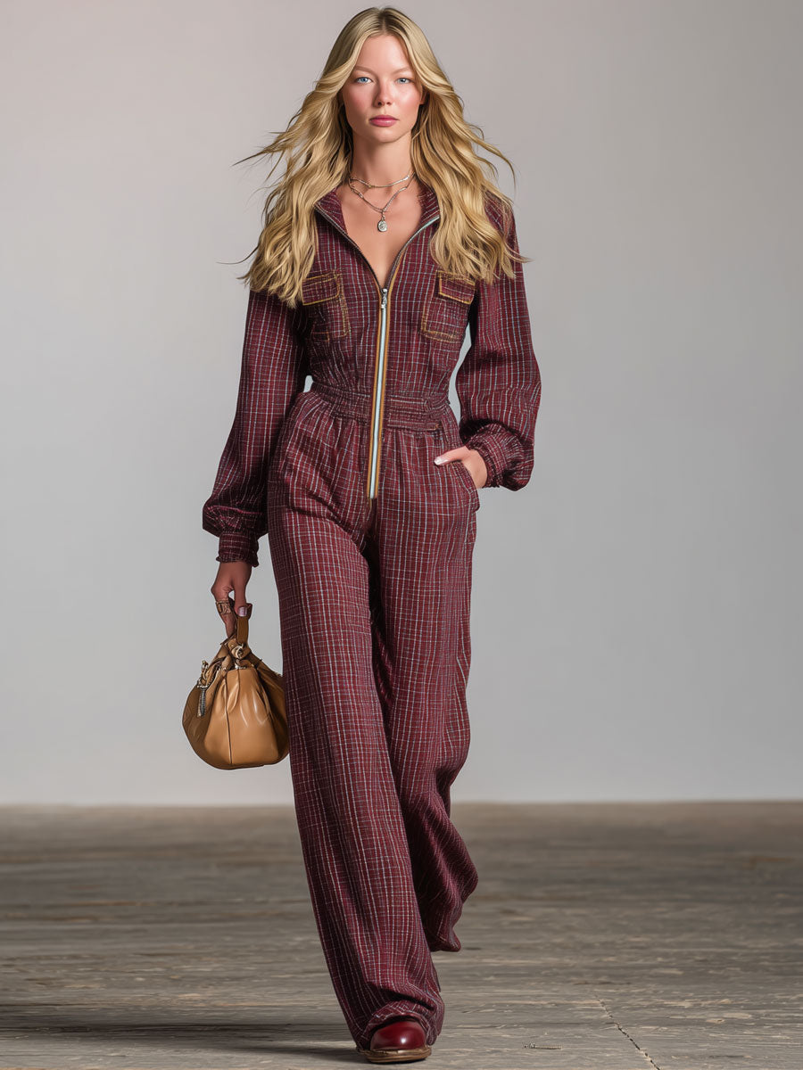 Retro Long-Sleeved Purple Plaid Elastic Waist Wide-Leg Jumpsuit