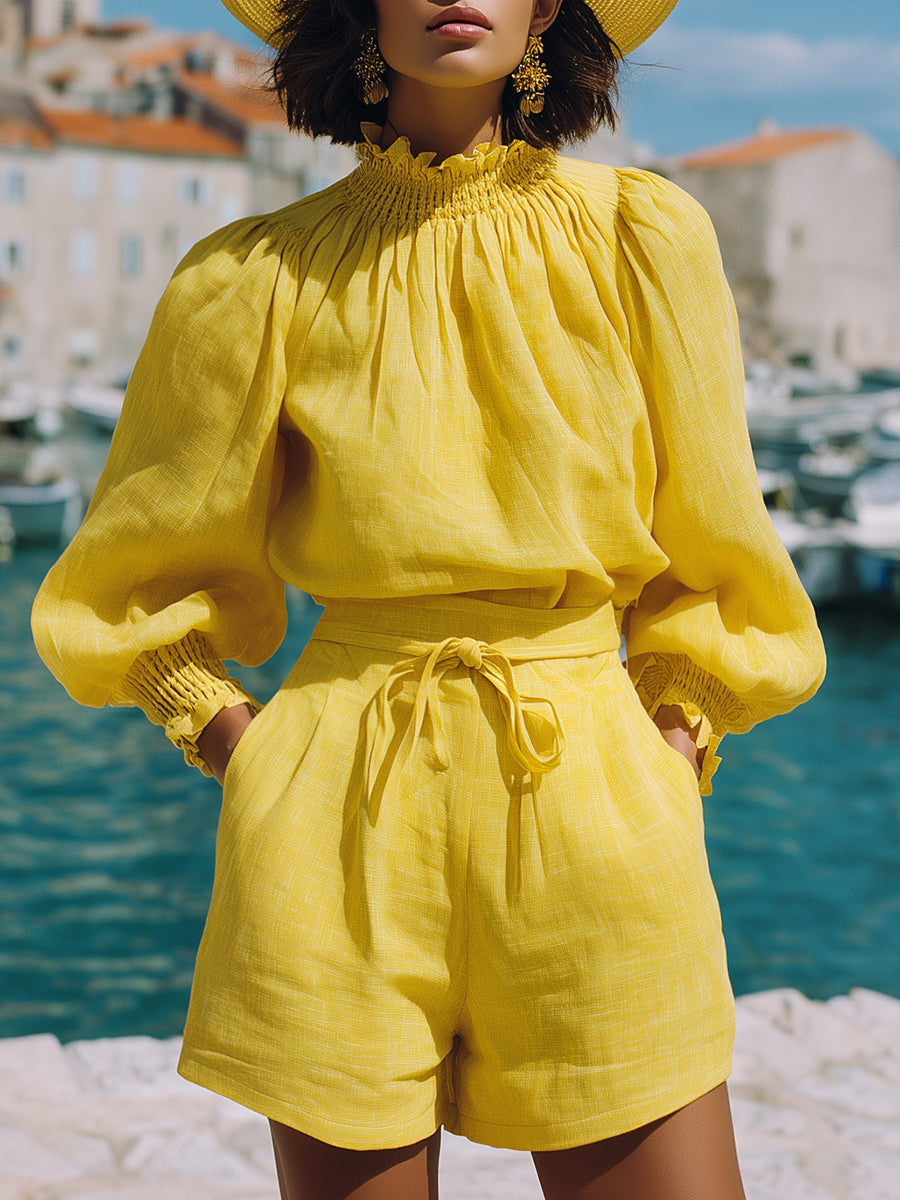 Romantic Bohemian Yellow Cotton Linen Top And Shorts Set