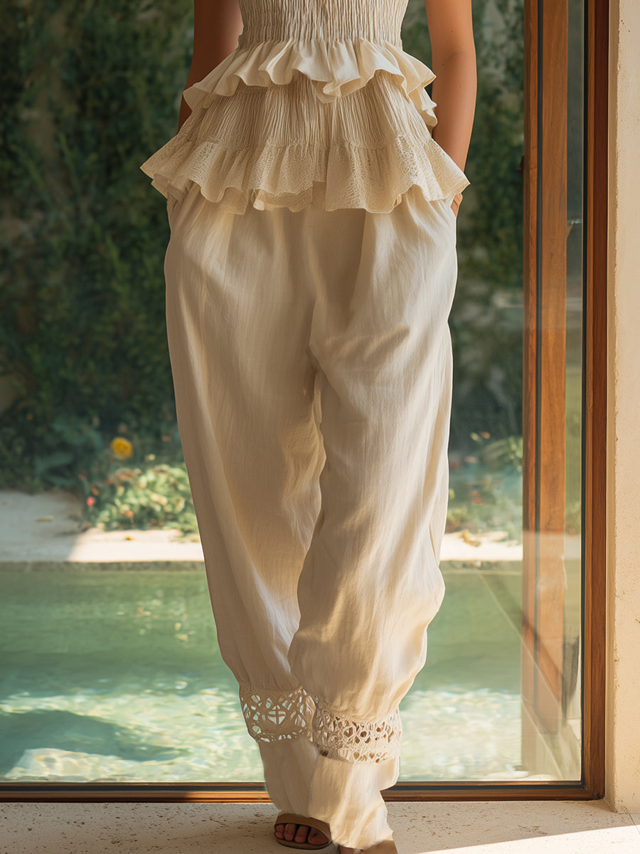 Italian Manor Off-White Cotton Linen Camisole Lace Harem Pants Set