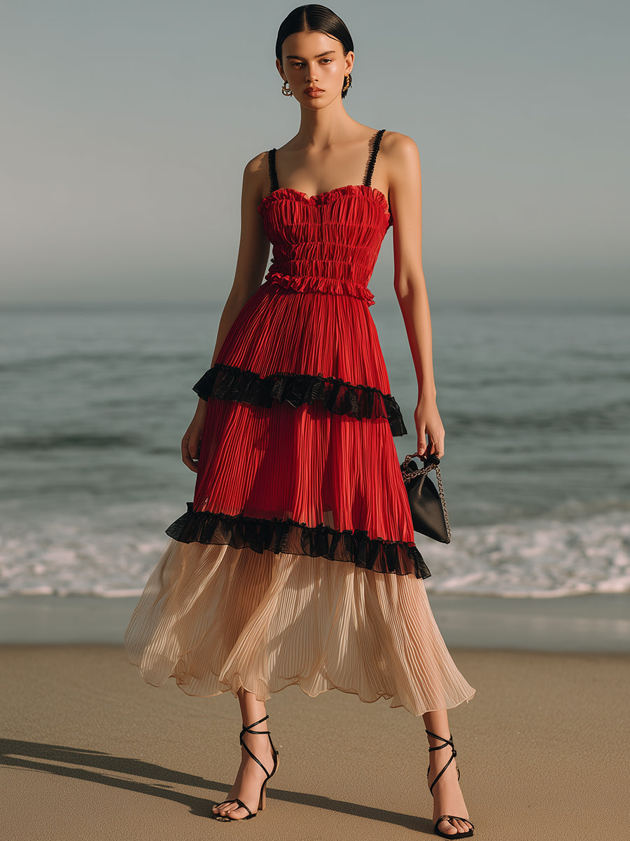 Fashion Party Red And Black And Beige Color Block Pleated Chiffon Spaghetti Strap Midi Dress