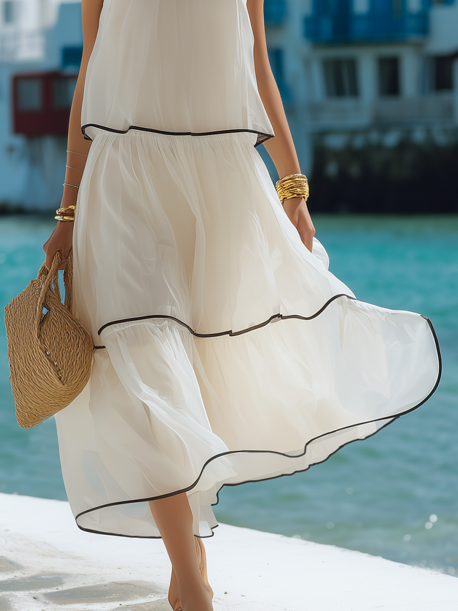 Elegant Vacation Sleeveless Black Trimmed Maxi Dress