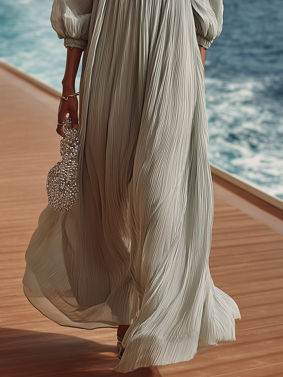Vacation Casual Grey Crepe Chiffon Off-shoulder Maxi Dress