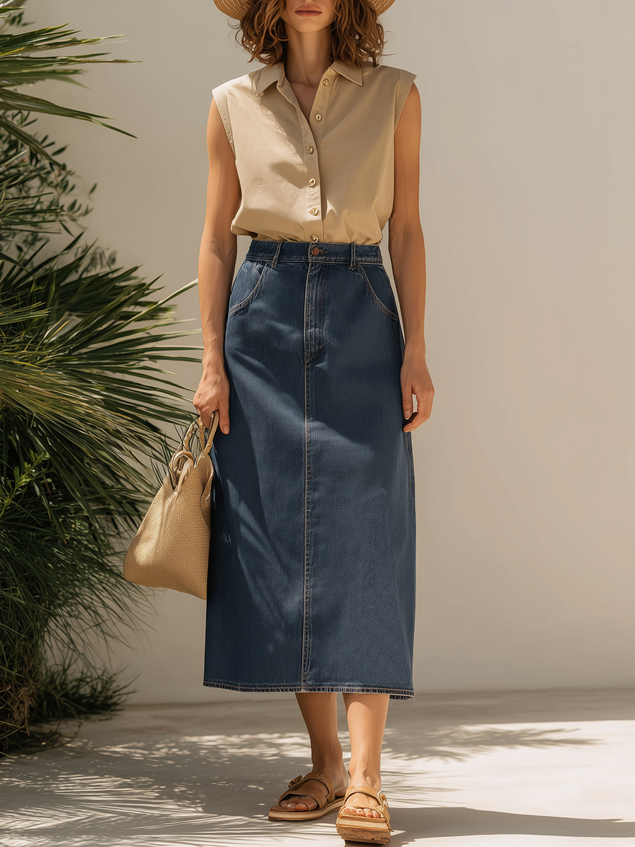 Resort Style Sleeveless Top And Denim Skirt Set