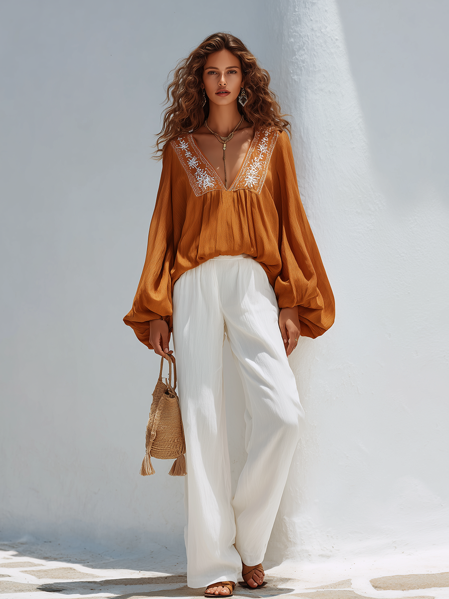 Resort Style V-Neck Embroidered Long-Sleeved Top