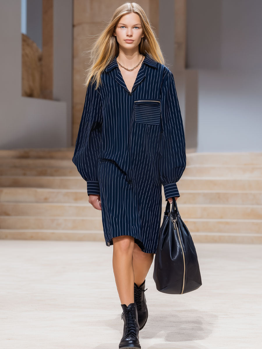Casual And Fashionable Dark Blue Striped Shirt Straight Midi Dress