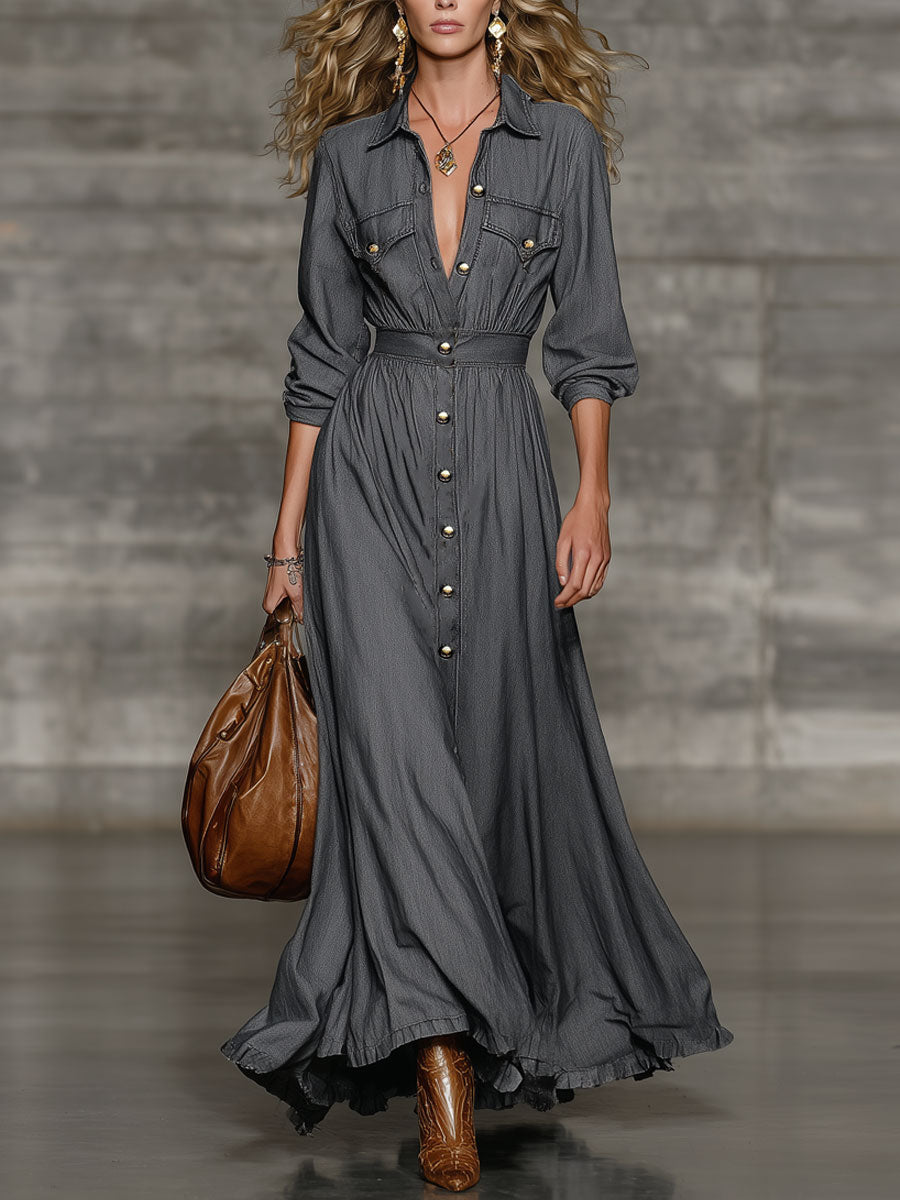 Fashionable Urban Casual Dark Gray Washed Denim Lapel Long-Sleeved Maxi Dress