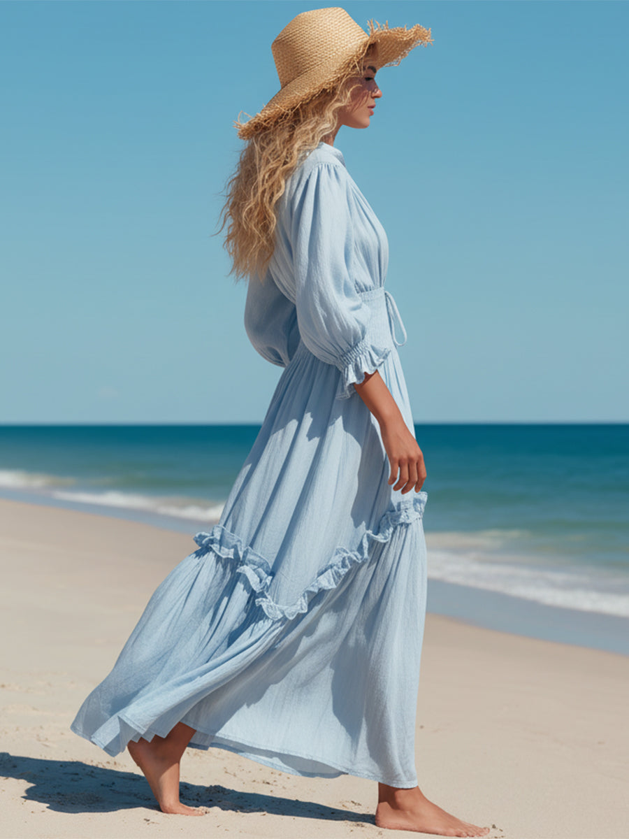 Relaxed Vacation-ready Light Blue Drawstring Maxi Dress