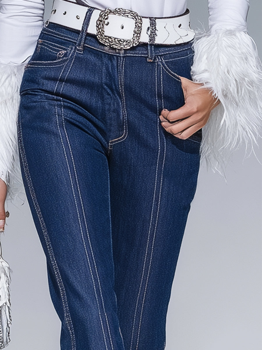 Fashion Denim Hem Stitching Blue Fur Flared Pants