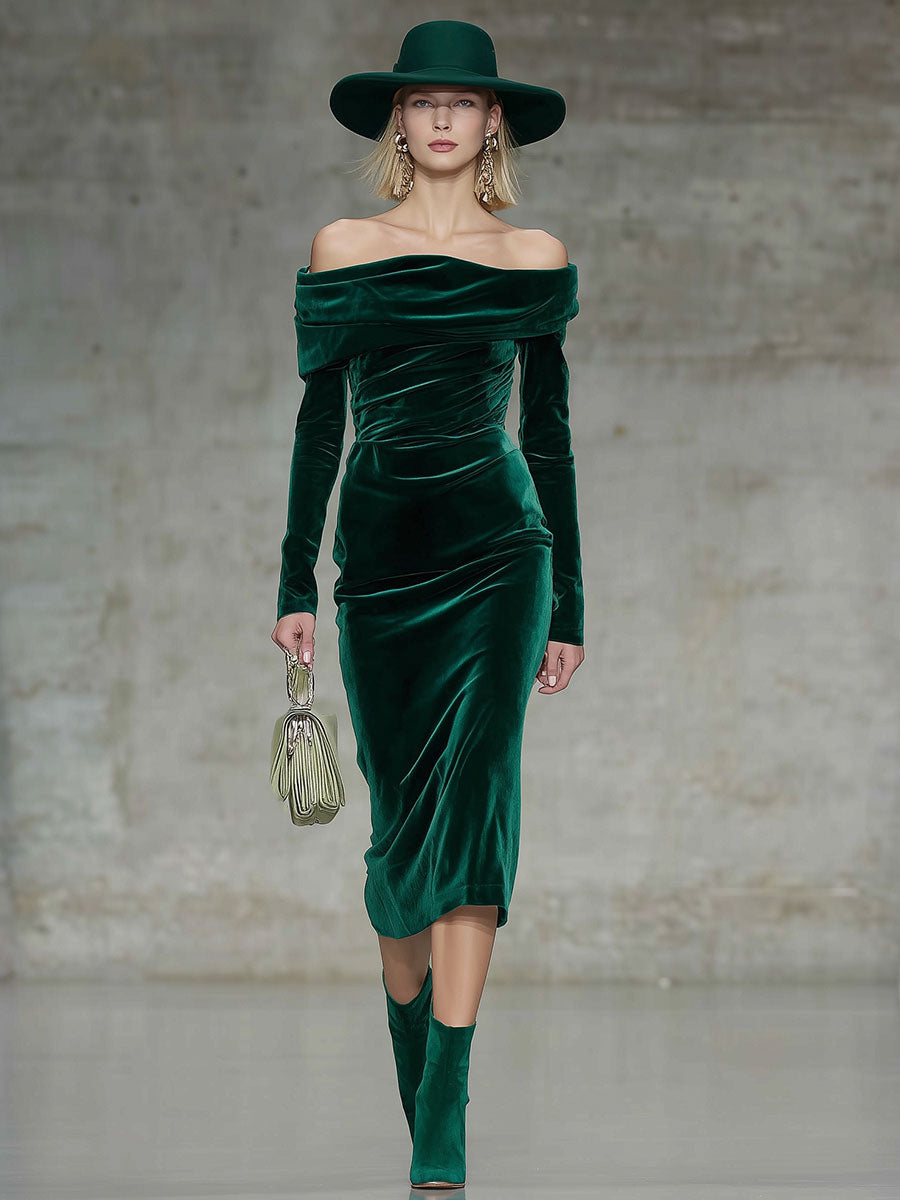 Fashion Party Off-The-Shoulder Green Velvet Long-Sleeved Midi Dress