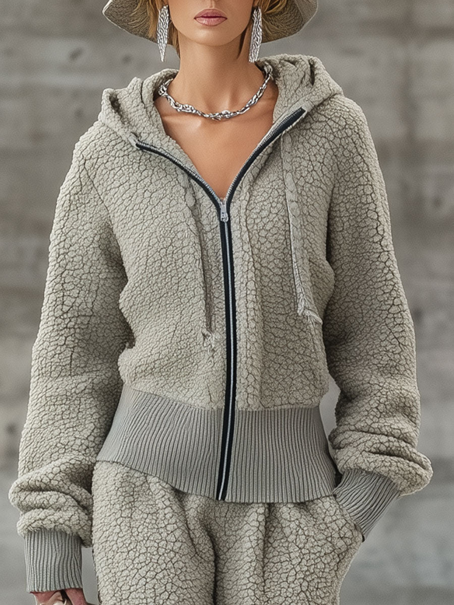 Retro Casual Gray Sports Half-Zip Polar Fleece Suit