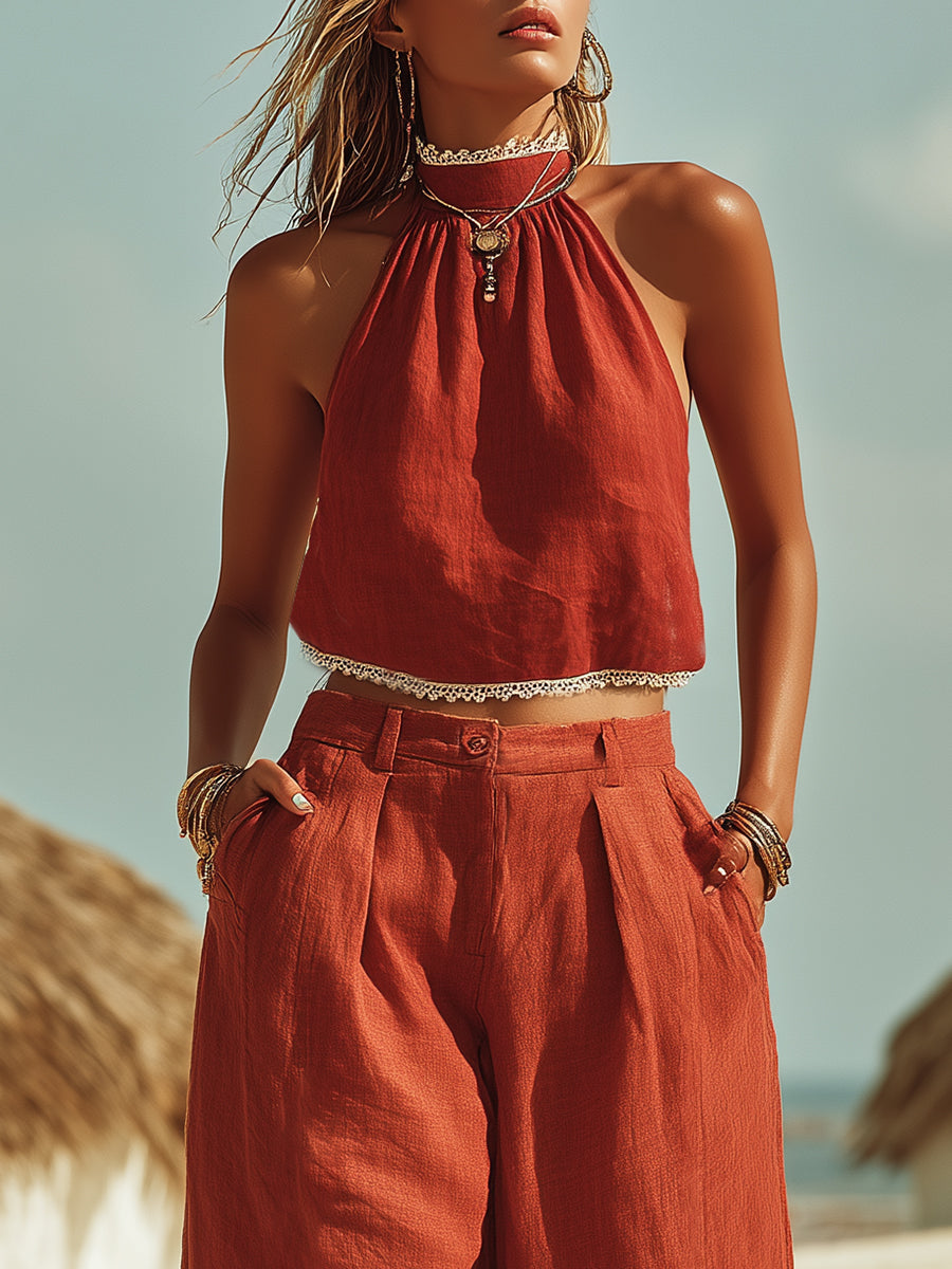 Casual Bohemian Lace Trim Red Cotton Linen High-Neck Sleeveless Top And Wide-Leg Pants Set