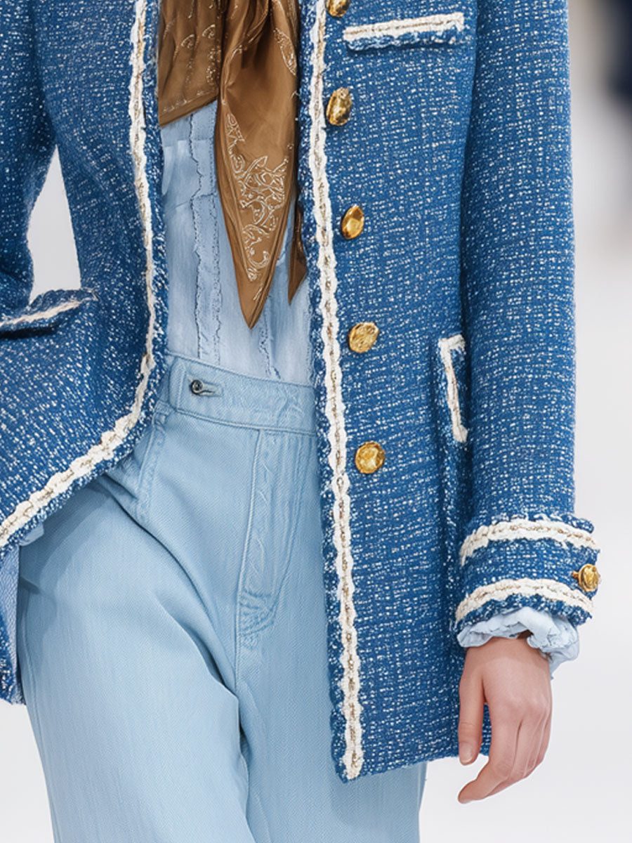 Vintage Elegant White Trim Blue Tweed Single Breasted Blazer