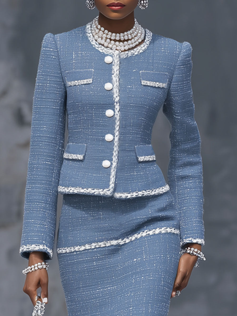 Elegant Single-breasted Blazer And Skirt Tweed Two-piece Suit