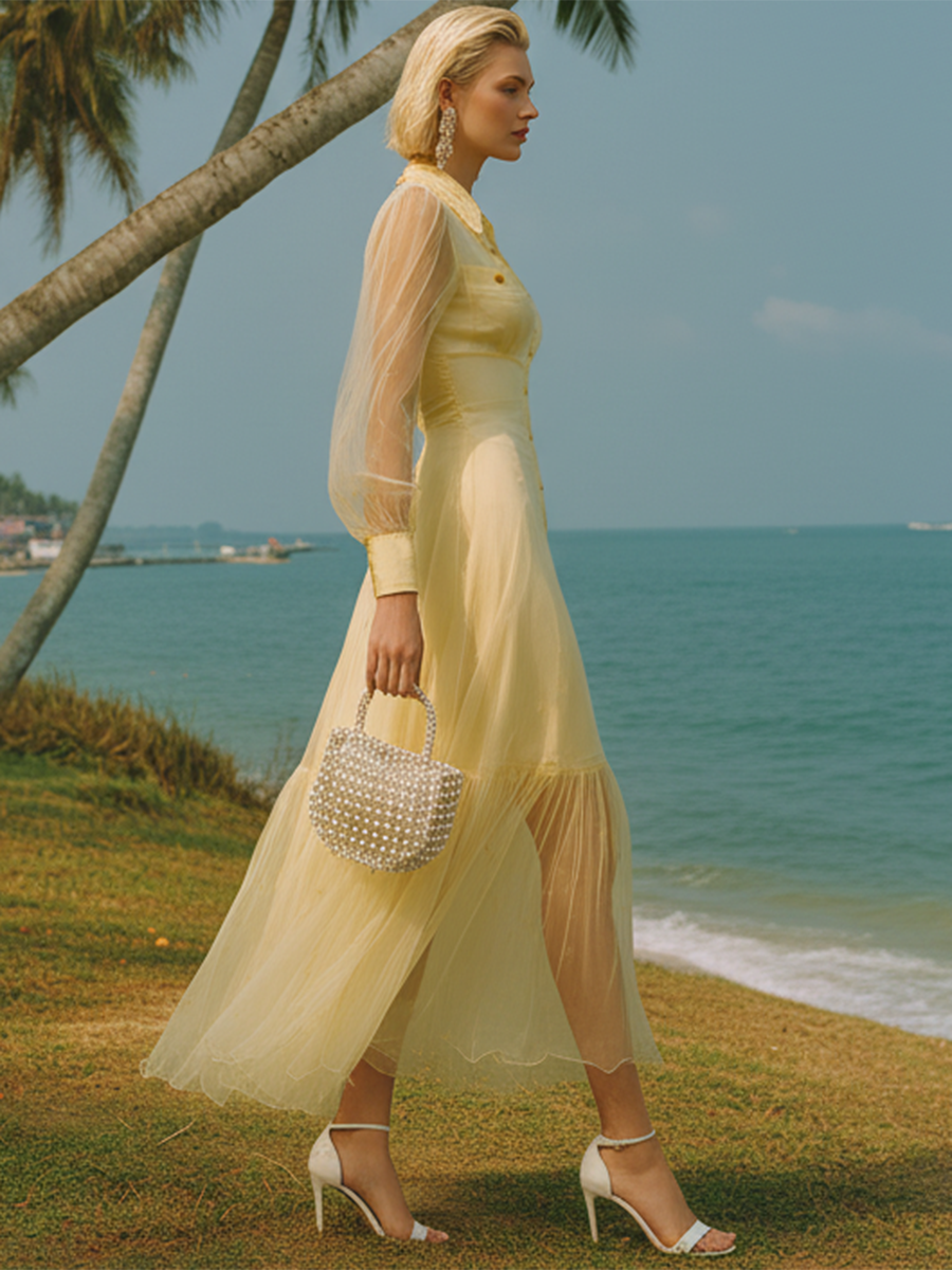 Resort-style Mesh Patchwork Pale Yellow Maxi Dress