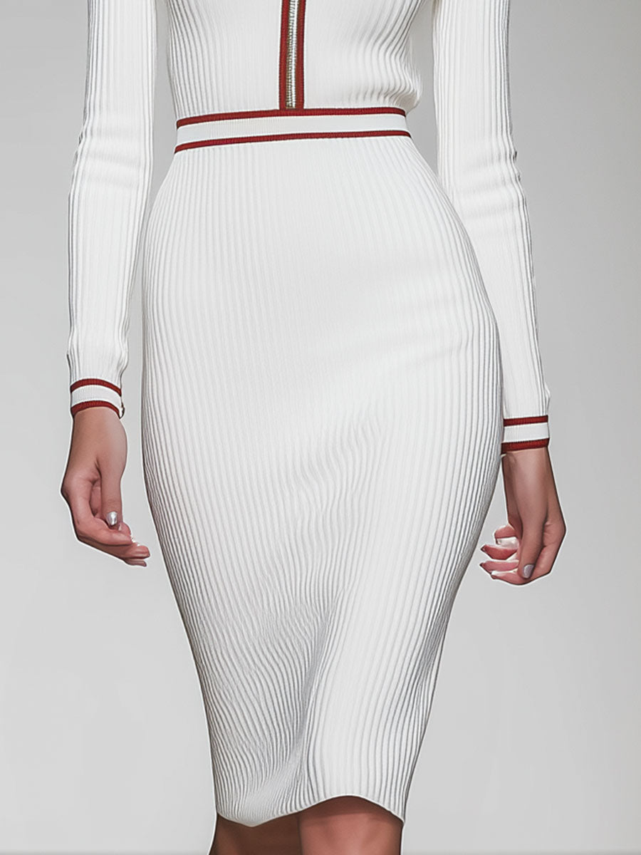 Fashionable Exquisite Lapel Knitted White Contrast Red Midi Dress