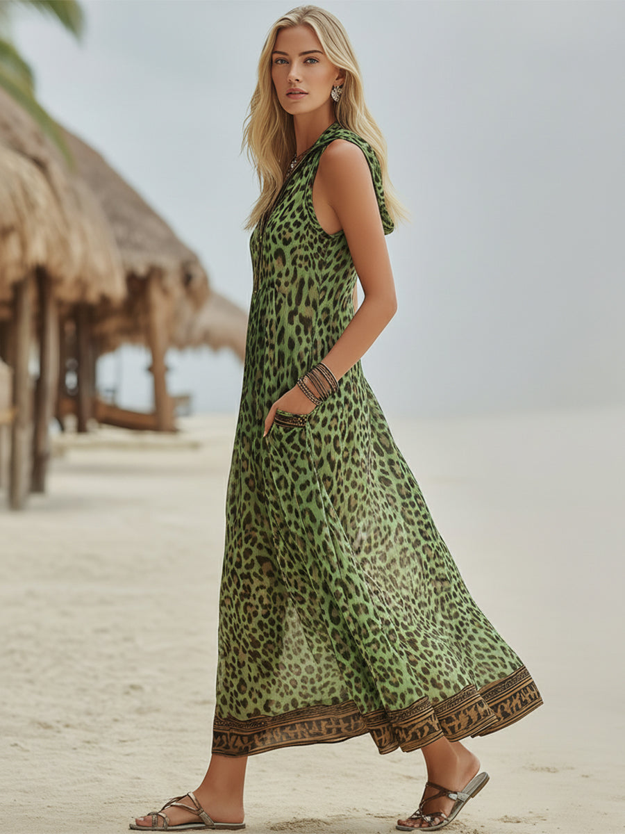 Retro Casual Green Leopard Print Chiffon Hooded Midi Dress