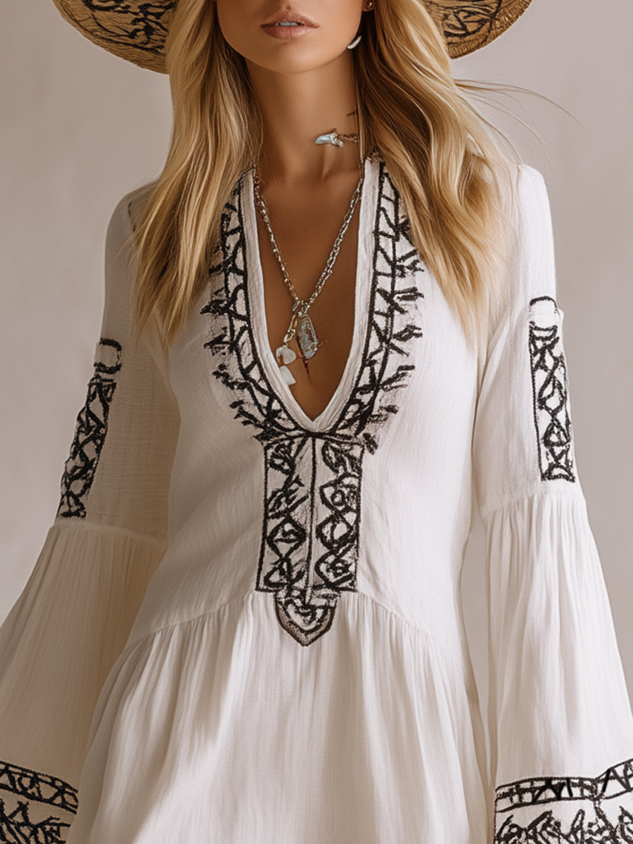 Bohemian Black Embroidered White Cotton Linen V-Neck Mini Dress