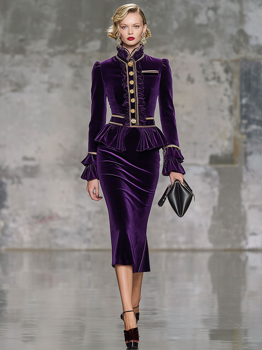 High-End Retro Purple Velvet Midi Skirt Suit
