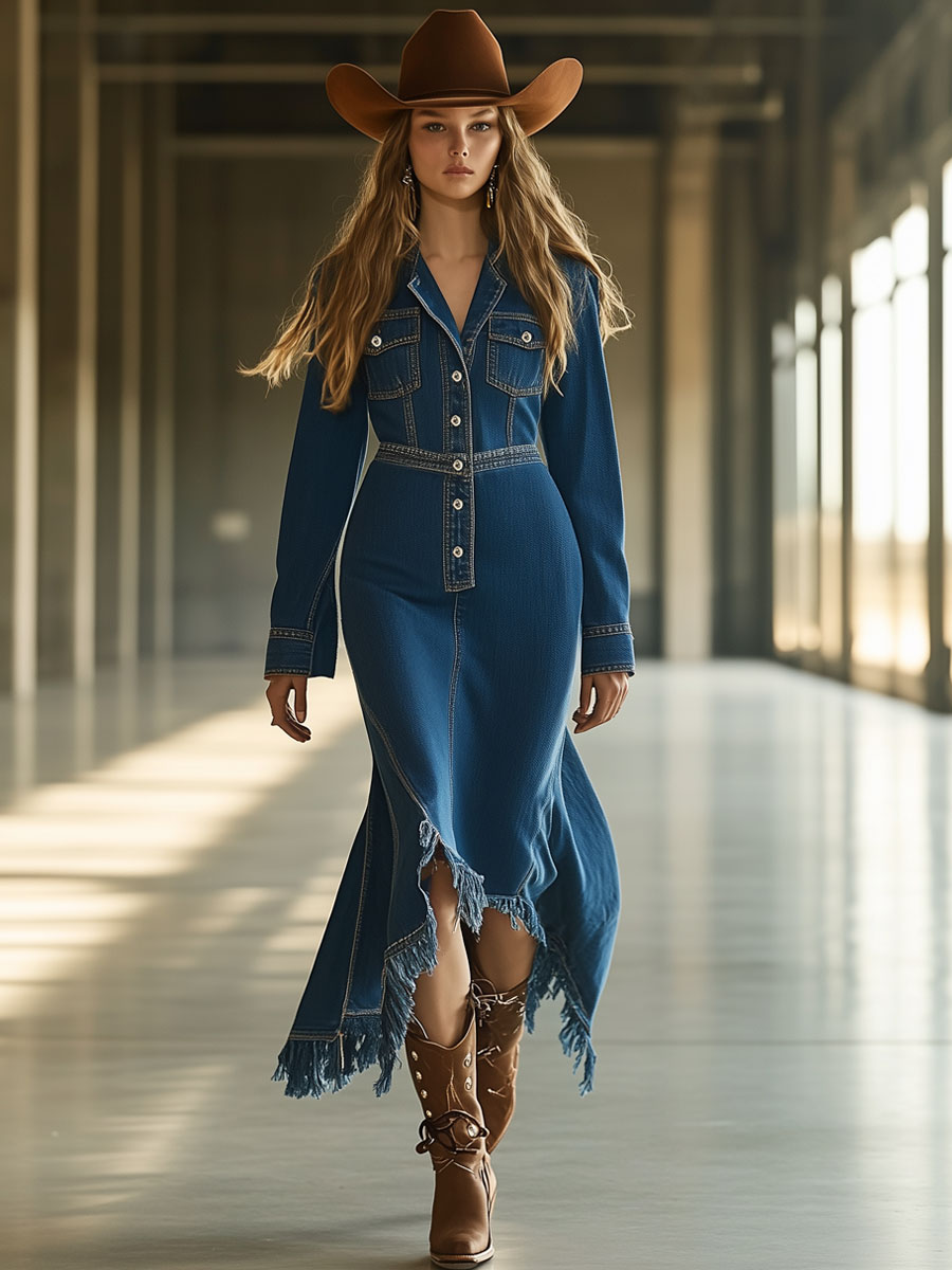 Vintage Blue Denim Long Sleeve Fishtail Irregular Raw Edge Midi Dress