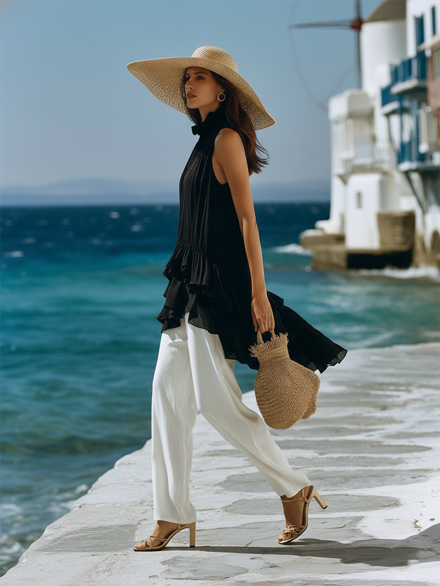 Romantic Vacation Style High-low Hem And Ruffled Black Sleeveless Chiffon Top