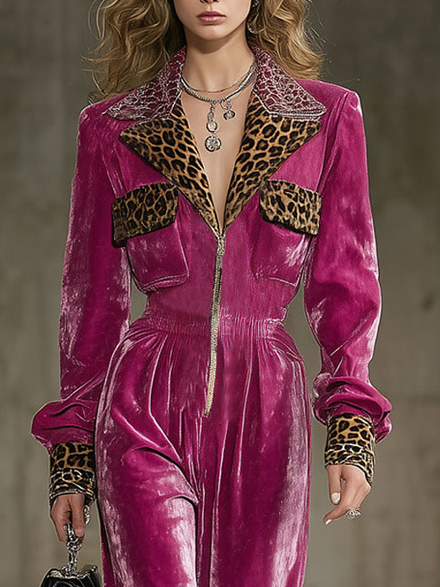 Casual Fashion Retro Leopard Print Rose Red Velvet Jumpsuit