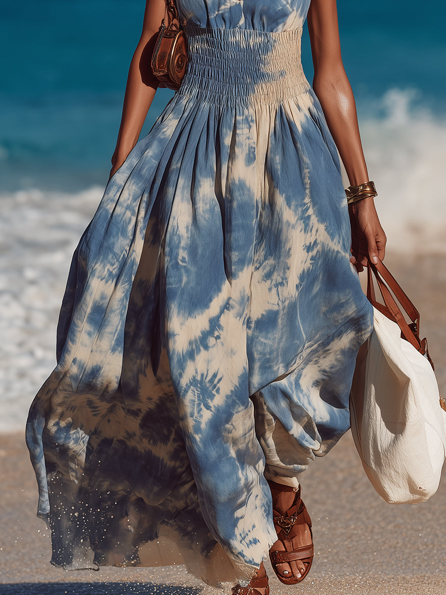 Bohemian Blue And White Tie-dye Print Sundress With A Fitted Waist - Maxi Dress