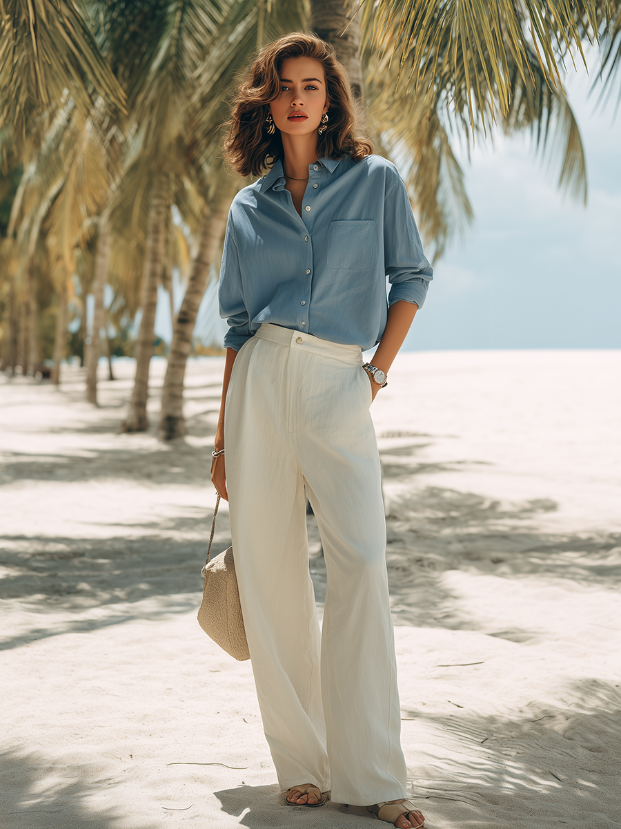 Resort-style Blue Shirt And White Wide-leg Pants Set