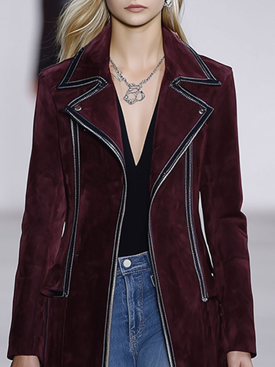 Casual Loose Vintage Brown Suede Zipper Coat