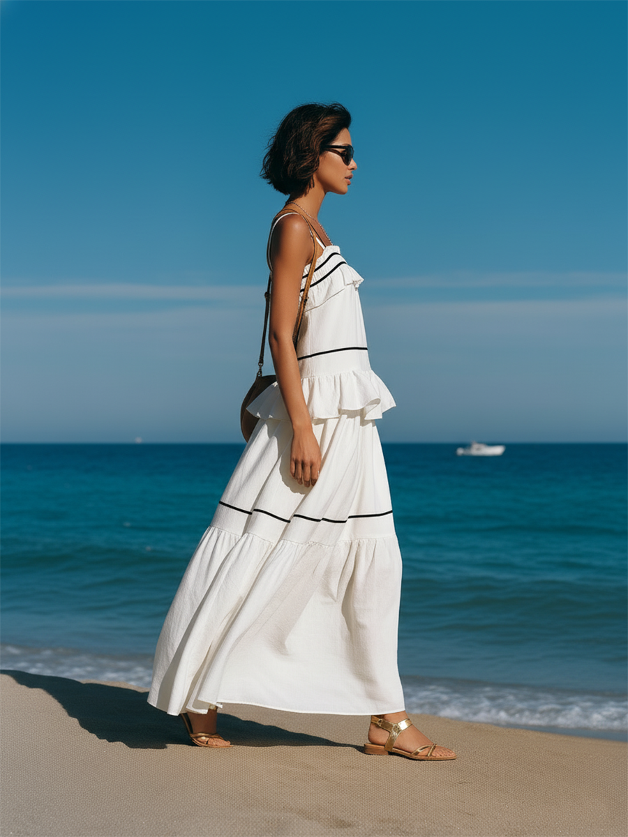 Vacation-style White Loose-fitting Strappy Maxi Dress