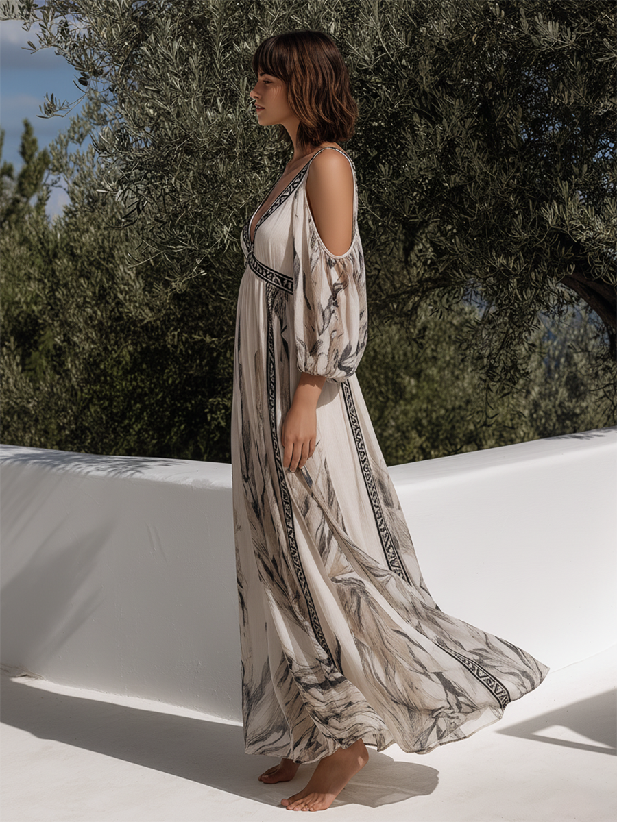 Stylish Vacation Off-the-shoulder Long-sleeved Printed Chiffon Maxi Dress
