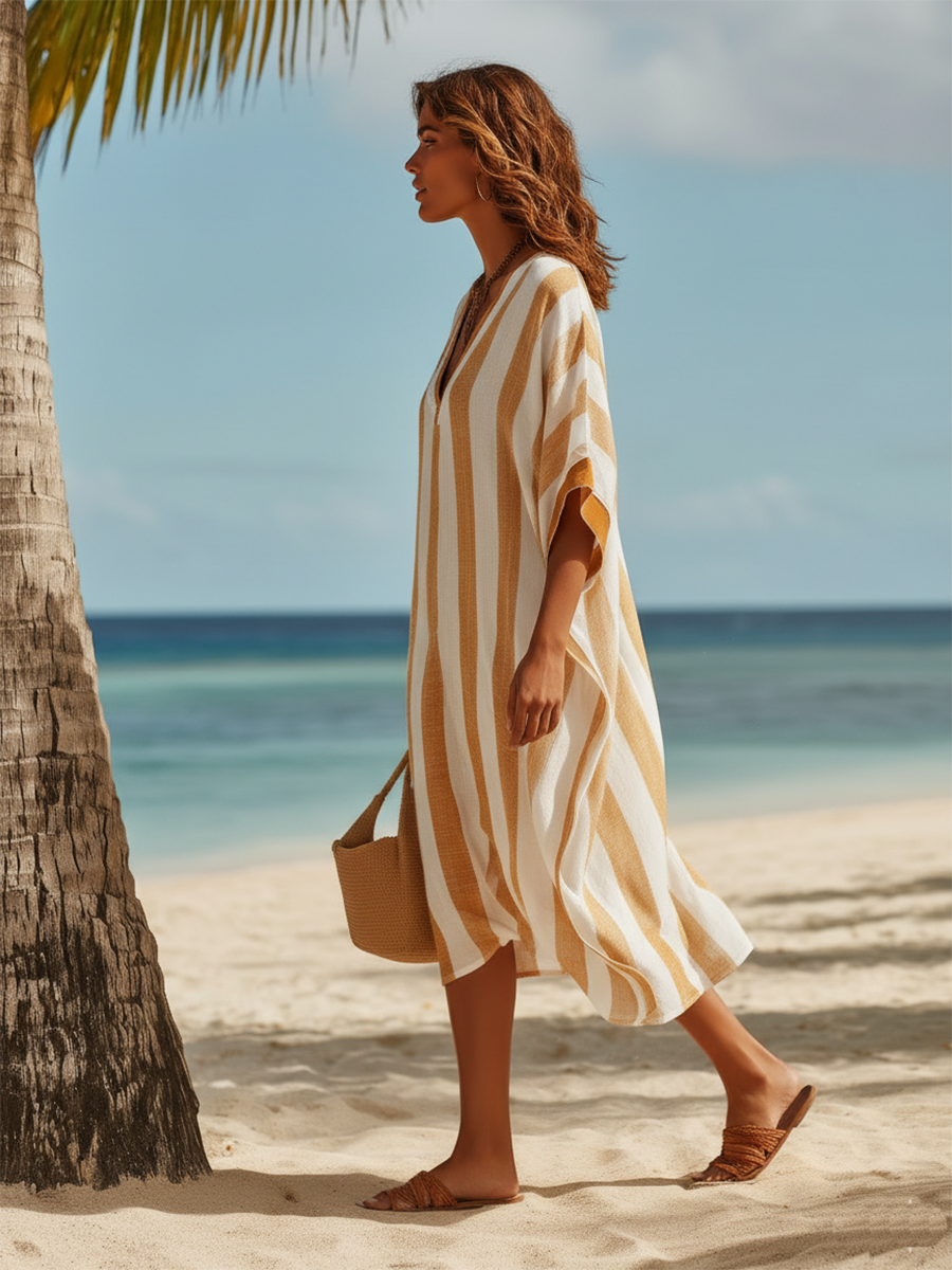 Resort-style Short-sleeved Striped V-neck Midi Dress