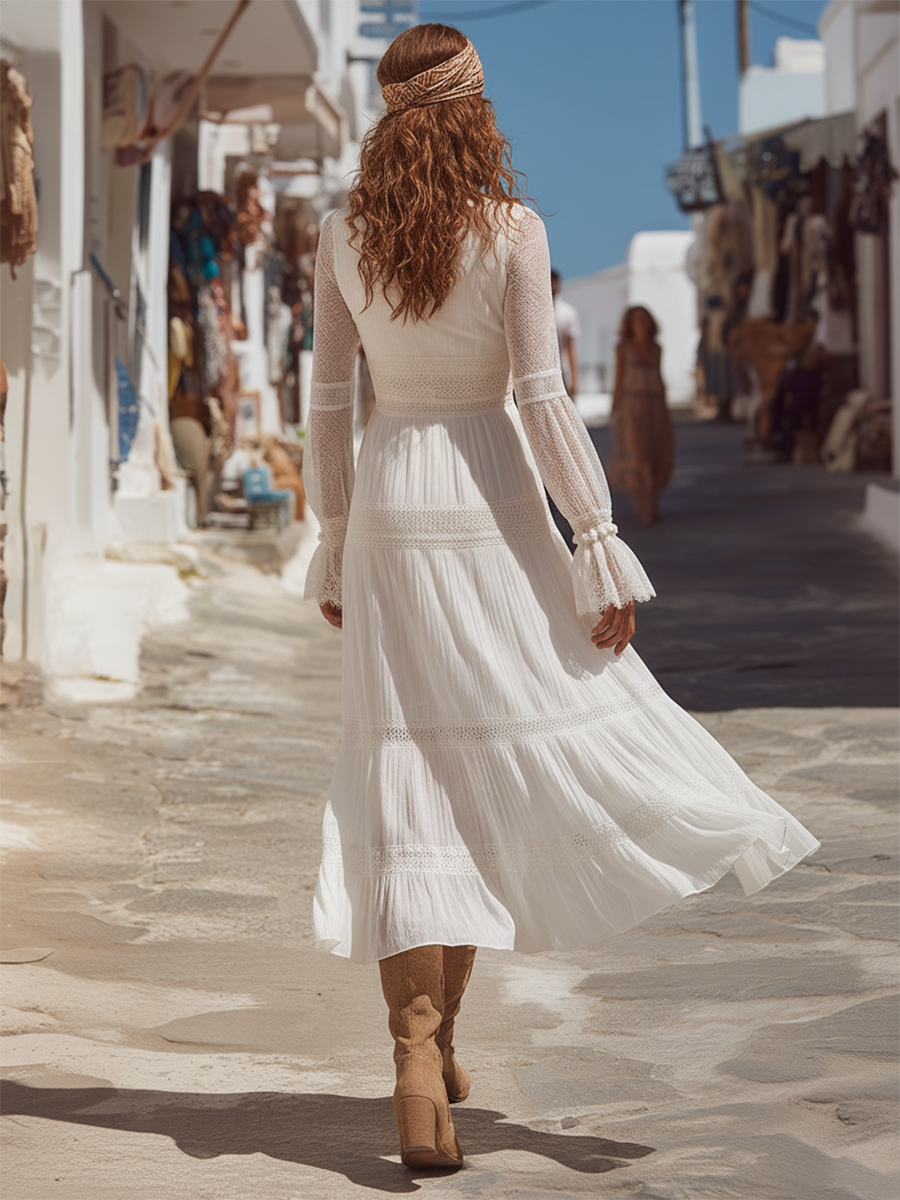 Romantic Bohemian Lace Sleeve Off-White Midi Dress