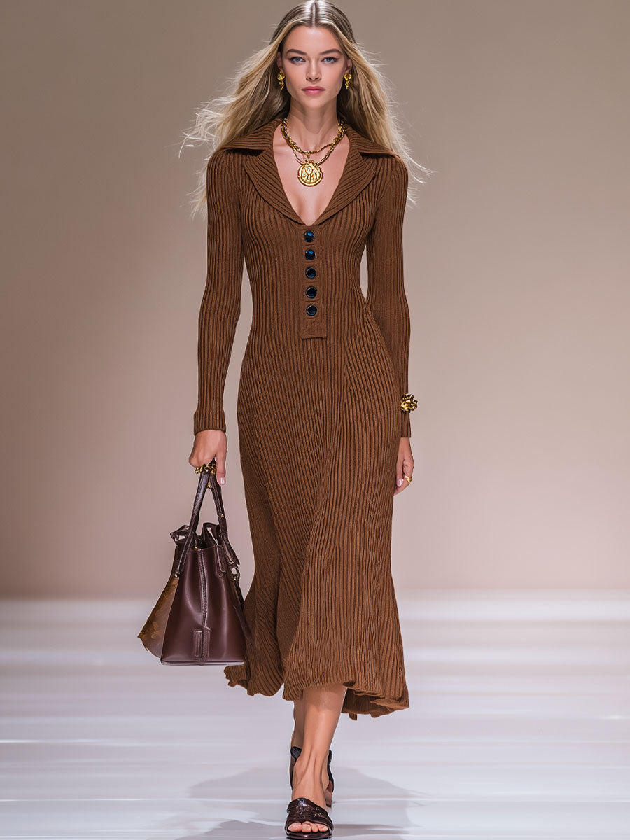 Urban Fashion Dark Brown Knitted Lapel Long Sleeve Midi Dress