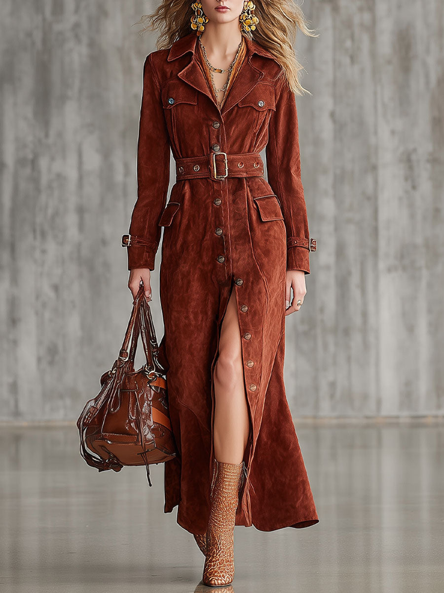 Urban Fashion Red Brown Faux Suede Lapel Tie-Waist Trench Coat Maxi Dress