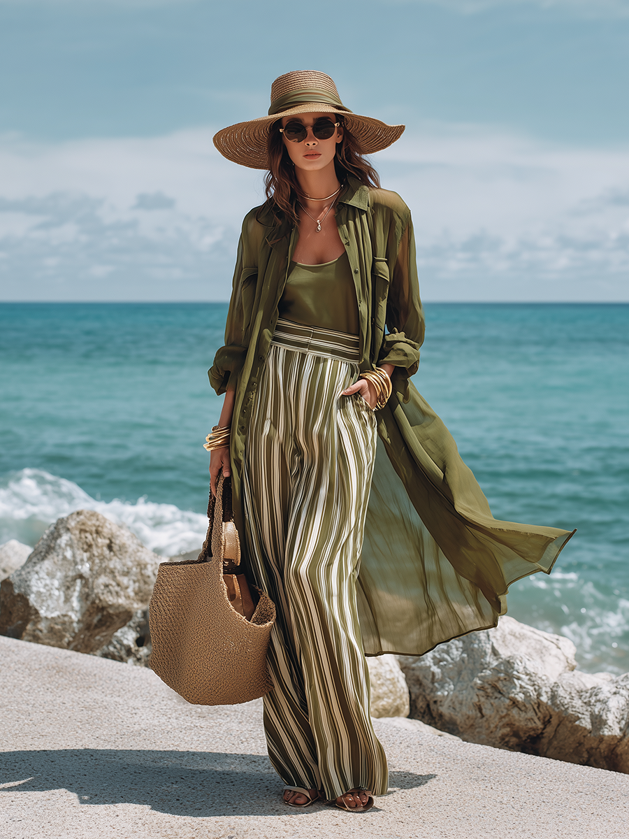 Beach Vacation Sheer Long Shirt And Striped Wide-leg Pants Suit