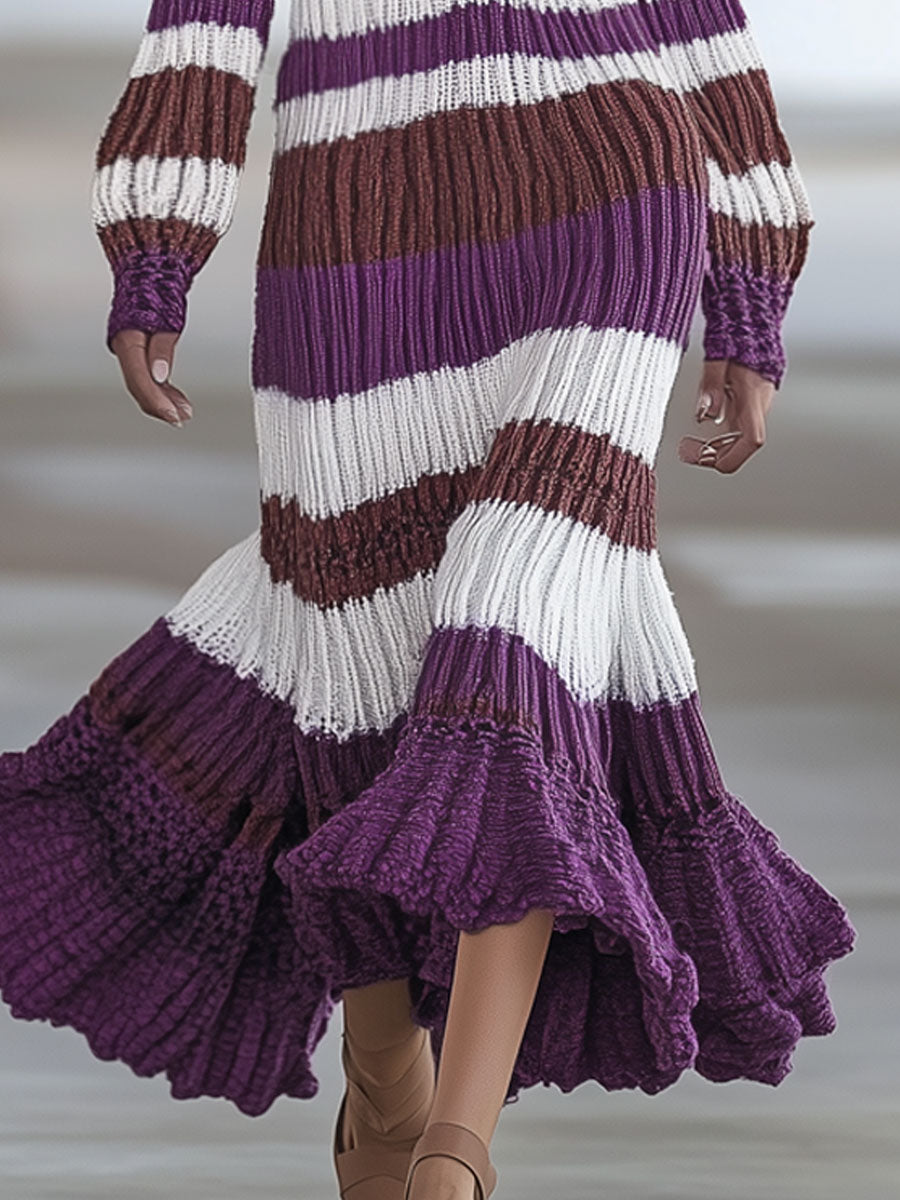 Elegant And Fashionable White And Purple Striped V-Neck Fishtail Midi Dress