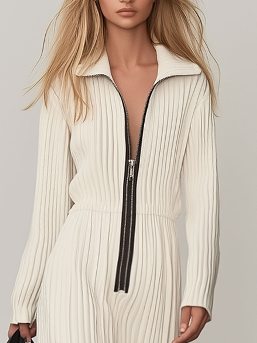 Fashionable And Casual White Knitted Lapel Long-Sleeved Maxi Dress