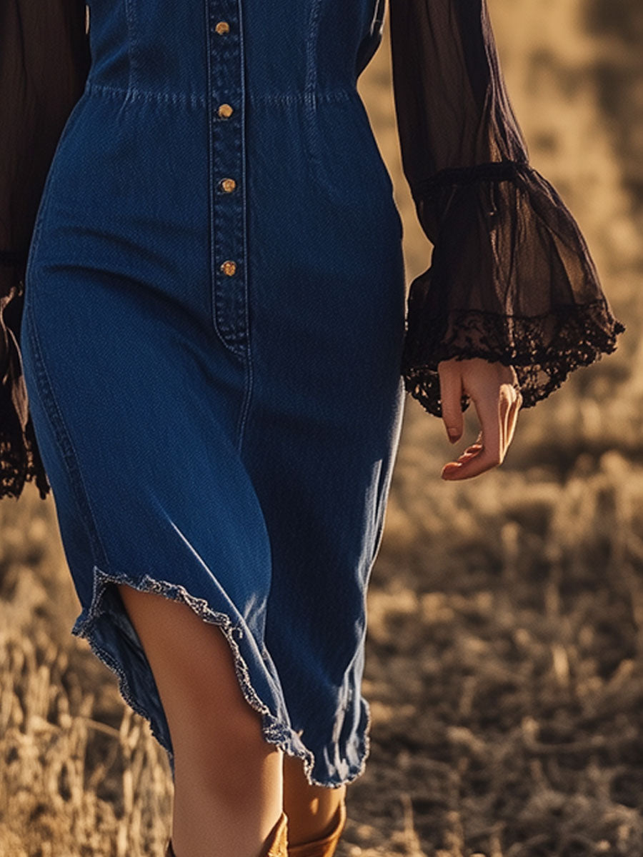 Vintage Dark Blue Denim Mesh Long Sleeve Raw Edge Midi Dress